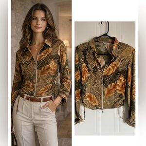 K. Liman Ruched Zip Top M Vintage Leaf Print Fitted Stretch Classic